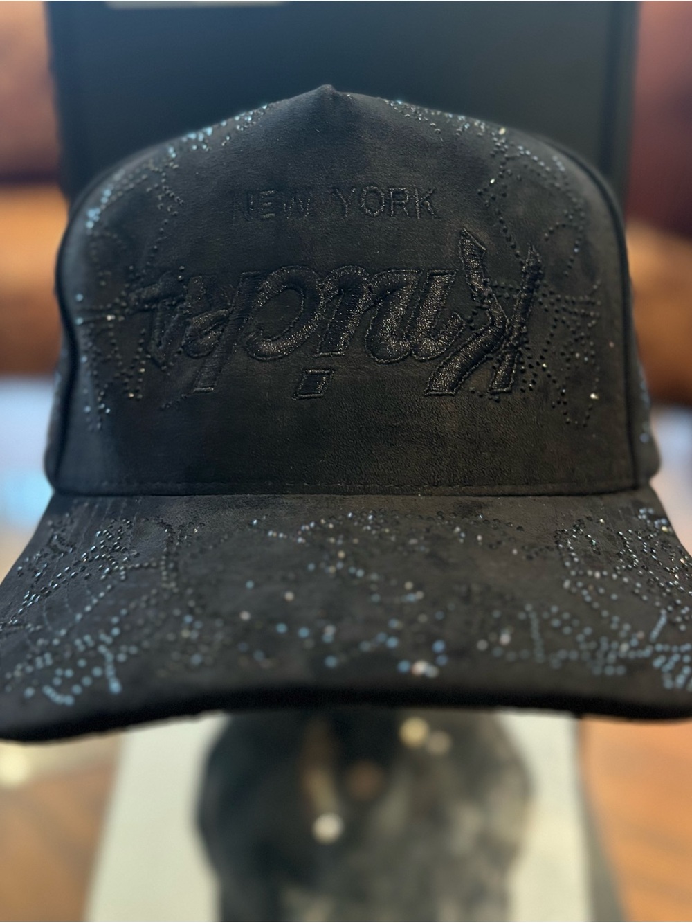 New York Knicks All Black Suede With Rhinestone SnapBack Hat